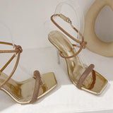  Liyke Golden Silver Rhinestone Women's Sandals Summer Party Wedding Shoes Open Toe Buckle Strap Transparent High Heels Mart Lion - Mart Lion