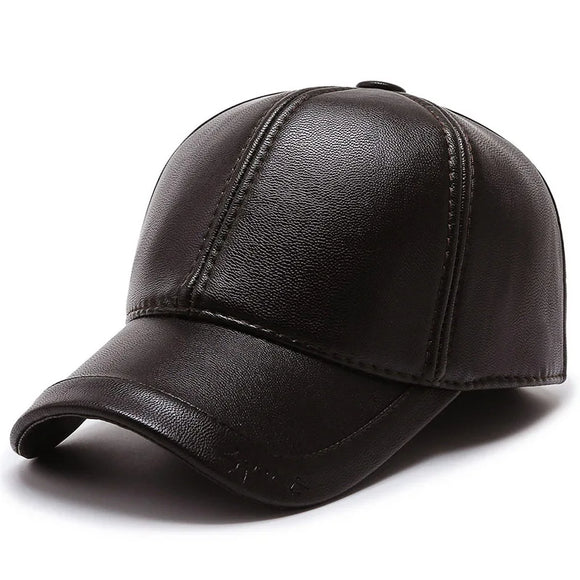 Autumn Winter Hat Men's Leather Hats Earmuffs Thermal Baseball Caps Snapback Peaked Cap Gorra MartLion Brown Adjustable 56-61cm 