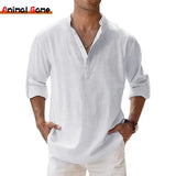 Cotton Linen Shirts for Men Casual Shirts Lightweight Long Sleeve Henley Beach Shirts T Shirts for Men MartLion   