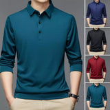 Buttons Neckline Long Sleeve Solid Color Men's Shirt Autumn Slim Fit Lapel Office Pullover Top MartLion   