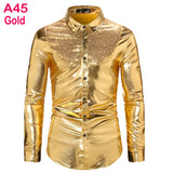 Men's Disco Shiny Gold Sequin Metallic Design Dress Shirt Long Sleeve Button Down Christmas Halloween Bday Party Stage Mart Lion A45 Gold US Size S 