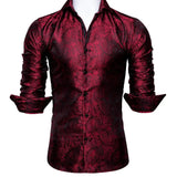 Silk Shirts Men's Red Burgundy Paisley Flower Long Sleeve Slim Fit Blouse Casual Lapel Clothes Tops Streetwear Barry Wang MartLion   