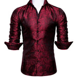 Silk Shirts Men's Red Burgundy Paisley Flower Long Sleeve Slim Fit Blouse Casual Lapel Clothes Tops Streetwear Barry Wang MartLion 0026 S 