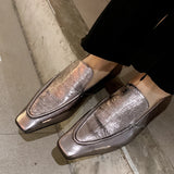 Spring Genuine Leather Square Toe Women Shoes Casual Loafers Silvery Slip-on Pumps MartLion   