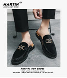 Men's Mules Leather Slipper Summer Walk Loafers Open Style Half Flat Shoes Casual Sandals Metal Lock Slides Moccasin MartLion   