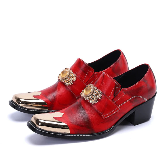  Men's Shoes Genuine Leather Chunky High Heels Oxford Slip On Red Wedding Party Spring Formal MartLion - Mart Lion