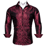 Silk Shirts Men's Red Burgundy Paisley Flower Long Sleeve Slim Fit Blouse Casual Lapel Clothes Tops Streetwear Barry Wang MartLion 0655 S 