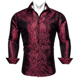 Silk Shirts Men's Red Burgundy Paisley Flower Long Sleeve Slim Fit Blouse Casual Lapel Clothes Tops Streetwear Barry Wang MartLion   