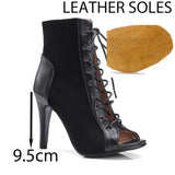 Latin Dance Shoes Ballroom Jazz for Women's Lace-up Fish Mouth Sandals High-heeled Indoor Pole Dance Salsa Dance Boots MartLion Black 9.5cm leather 34 