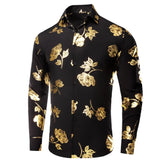 Hi-Tie Black Gold Silk Men's Shirts Summer Spring Long Sleeve Lapel Shirt Hawaii Soft Blouse Wedding MartLion CY-1658 M 