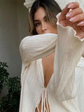 Women Pleated Plain Shirts Fall Chic Long Flare Sleeve V- Neck Tie Up  Tops  Casual Party Street MartLion   