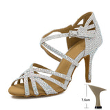 Latin Dance Shoes Women High Heels Diamond-encrusted Sandals Indoor Soft-soled Stage Game Party Social Ballroom Girl MartLion Silver 7.5cm heel 35 