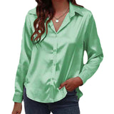 Women Shirts Silk Solid Plain Purple Green White Black Red Blue Pink Yellow Gold Blouses Long Sleeve Tops Barry Wang MartLion   