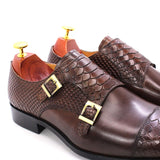 Men's Dress Shoes Genuine Leather Double Buckle Monk Strap Snake Print Cap Toe Classic MartLion   