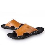 Men's Slippers Summer Genuine Leather Casual Slides Street Beach Shoes Black Cow Leather Sandals Mart Lion Yellow 36 