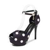 Classic Heels Ankle Strap Heels Platform Sandals Party Shoes Women Wedding Pumps 14cm High Heels Hollow Out Polka Dots Heels Mart Lion Black 14cm 34 