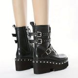 Women's Black Side Zipper Platform Boots Round Toe Lace Up Buckle Shoes MartLion   