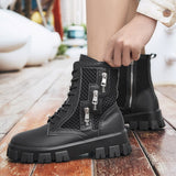 Autumn Men's Ankle Boots Punk Rock Mesh Leather Chain Round Toe Breathable Motorcycle Party Casual Shoes Mart Lion   