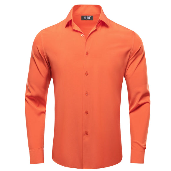  Hi-Tie Orange Silk Men's Shirts Solid Formal Lapel Long Sleeve Blouse Suit Shirt for Wedding Breathable MartLion - Mart Lion