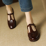 Spring Genuine Leather Women Pumps Shoes Round Toe Chunky Heel Retro Mary Janes Block Leather Shoes Shallow MartLion   