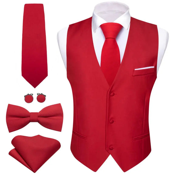Luxury Red Solid Vest for Men's Silk Satin Waistcoat Bowtie Tie Hanky Set Sleeveless Jacket Wedding Formal Suit Barry Wang MartLion 2428 S 