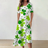 Y2k Daily St Patrick's Day Print Mid-Calf Summer Dress Women Round Neck Short Sleeves Frocks For Girls MartLion Army Green XXL CHINA