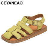 Genuine Leather Summer Retro Hollow-out Breathable Sandals Casual Women Flats Shoes MartLion   