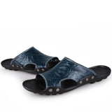 Men's Slippers Summer Genuine Leather Casual Slides Street Beach Shoes Black Cow Leather Sandals Mart Lion Blue 36 
