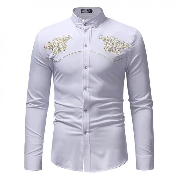  Men's Cowboy Western Embroidered Shirts Long Sleeve Stand Collar Shirts Casual Daily Elastic Work Chemise MartLion - Mart Lion