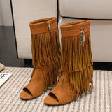 Liyke Peep Toe Pink Tassels Fringe Ankle Boots For Women Spring Autumn Wedge Heels Western Shoes De Mujer Mart Lion   