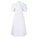 Party Dresses Woman Bow Collar Short Sleeve  Waisted Pleated Ankle Length Birthday Party Robe MartLion   