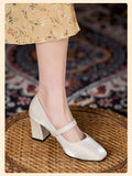 Vintage Silk Satin High Heels Mary Jane Shoes Women Chunky Heels Pumps Pearl Buckle Thick-Heeled Fat Wide Feet Mart Lion   