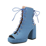 Women Shoes High Heels Open Toe Gladiator Sandals Serpentine PU Leather Comfort Square Thick Sole Platform Mart Lion Blue-Cowboy 34 