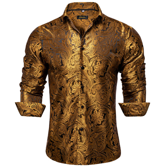 Gold Paisley Silk Shirts Men's Long Sleeve Luxury Tuxedo Wedding Party Clothing