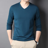 Cotton T-Shirt Men's Plain Solid Color V Neck Long Sleeve Tops Casual Clothing MartLion Cyan 4XL 