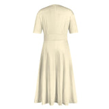 Women Dress Casual Print Mid-Calf Dresses V-Neck Short Sleeves Frocks Robes MartLion   