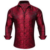 Luxury Shirts Men's Silk Red Green Paisley  Long Sleeve Slim Fit Blouses Button Down Collar Casual Tops Barry Wang MartLion 0446 2XL 