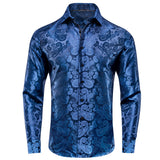 Hi-Tie Jacquard Silk Men's Shirts Lapel Long Sleeve Wedding Shirt Cowboy Blue Gold Green Red White Black MartLion