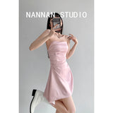 Woman Design A-Line Lolita Dress Bodycon Clubwear Asymmetrical Dress Frocks Maillard One-Piece Strapless Robe Ins MartLion Pink XS 