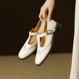 Spring Genuine Leather Women Pumps Shoes Round Toe Chunky Heel Retro Mary Janes Block Leather Shoes Shallow MartLion   