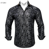 Paisley Floral Men's Shirt Silver White Casual Long Sleeve Social Collar Shirts Brand Button Blouses MartLion   