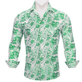 Luxury Designer Silk Men's Shirts Long Sleeve Blue Green Teal Embroidered Flower Slim Fit Blouse Casual  Tops Barry Wang MartLion 0589 S 