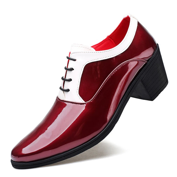 Classic Glitter Leather Men's Dress Shoes Red Mirror Luxury Increasing-height 4.5cm Heel Footwear MartLion Red High Heels 38 