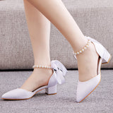 Crystal Queen Women Pumps White Silk Beading Bride Shoes Pointed Toe Buckle Strap Sandals 4CM Thick High Heels MartLion   