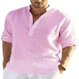 Men's V-neck t shirt Blouse Cotton Linen Shirt Loose Tops Long Sleeve Shirt Spring Autumn Casual Handsome Mart Lion pink S China