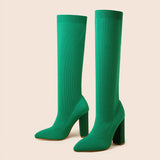 Green Women Cozy Knitting Stretch Fabric Knee High Boots Square Heels Autumn Winter Sock Long Shoes MartLion Green 38 