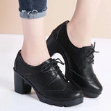 Women Pumps Shoes T High Heels Brogue High Square Heel Genuine Leather Wedge Richelieu MartLion   