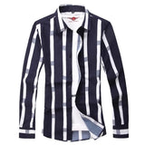 Men Long Sleeve Stripe Shirts  Korean Clothing Streetwear Lapel Male Business Casual Cotton Social Tops MartLion Navy 4XL     79 to 85kg 