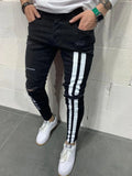 Men Jeans Knee Hole Ripped Stretch Skinny Denim Pants Solid Color Black Blue Summer MartLion   