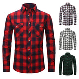 Mens Clothing Blouse Striped Men Red Green Blue Dress Shirt Tops Casual Business Plaid Print Long Sleeves Pocket design Shirt MartLion   